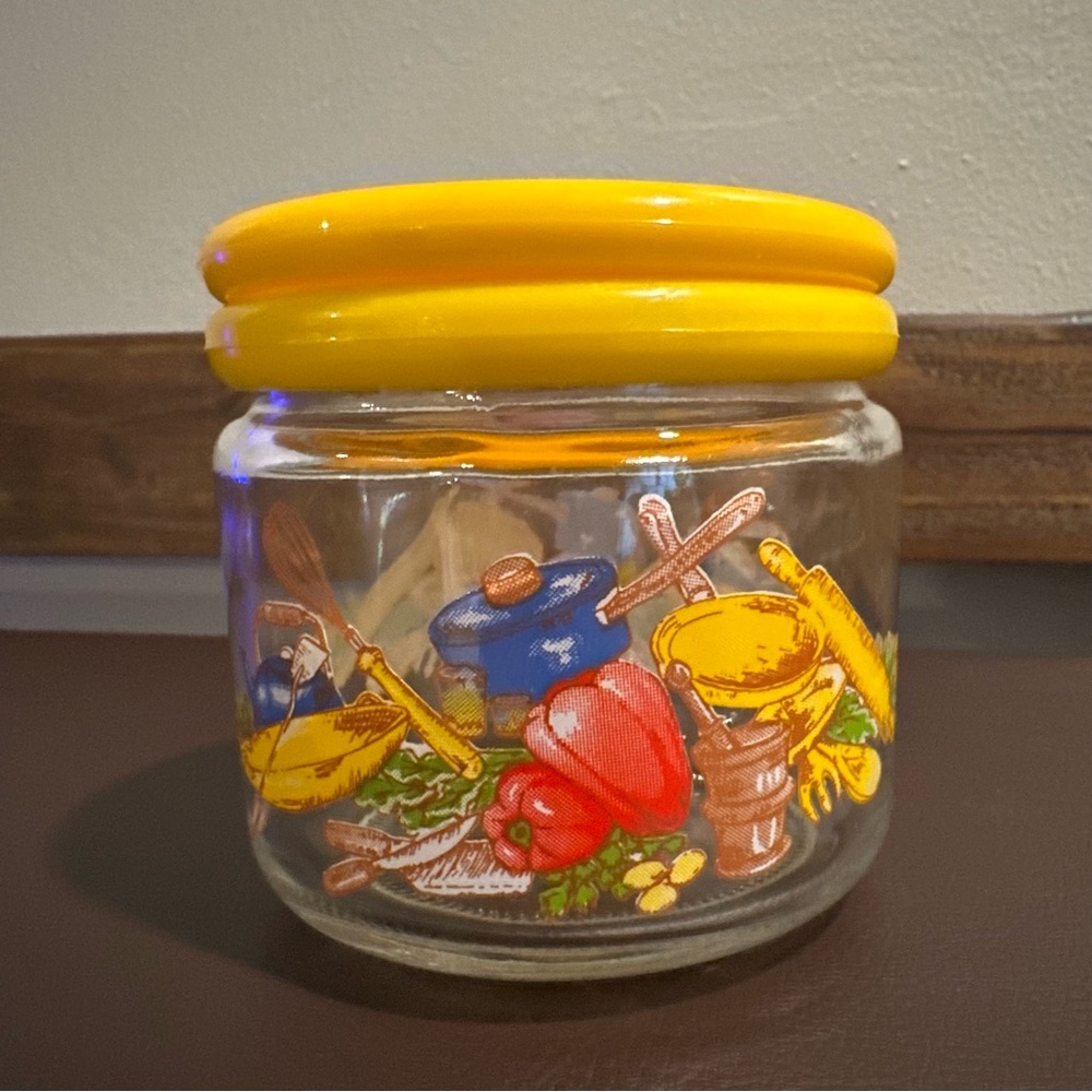 Vintage 70s KIG Yellow Lidded Kitchen Glass Canister Vegetables & Utensils Print